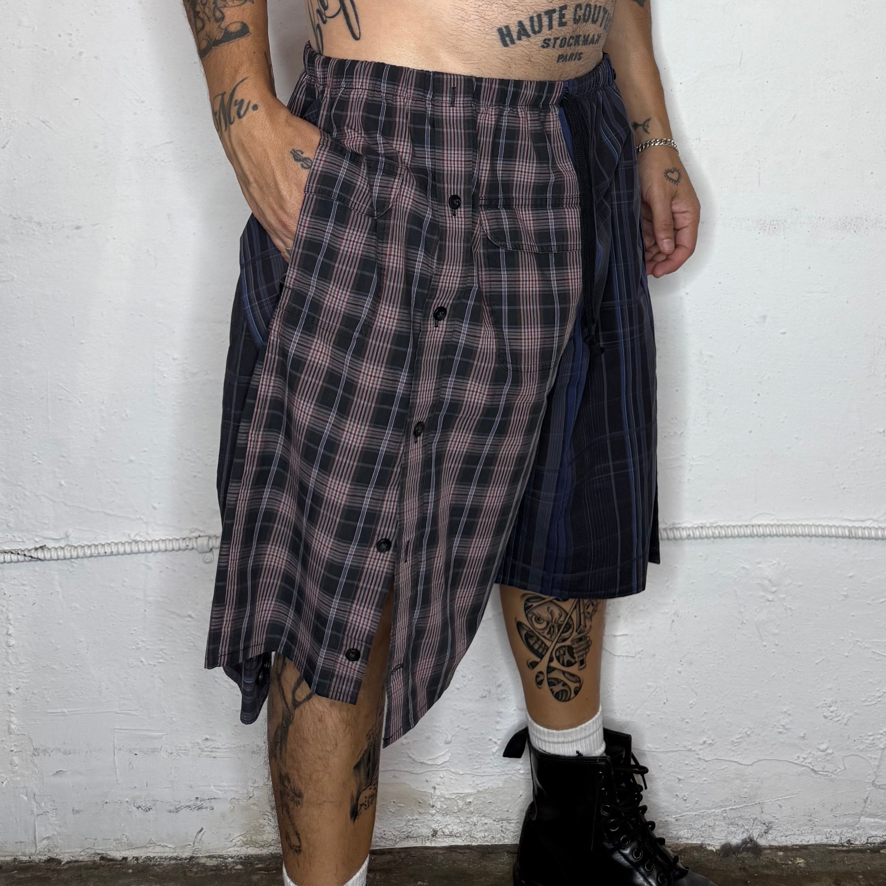 Green Plaid Button Up Shorts. O/S