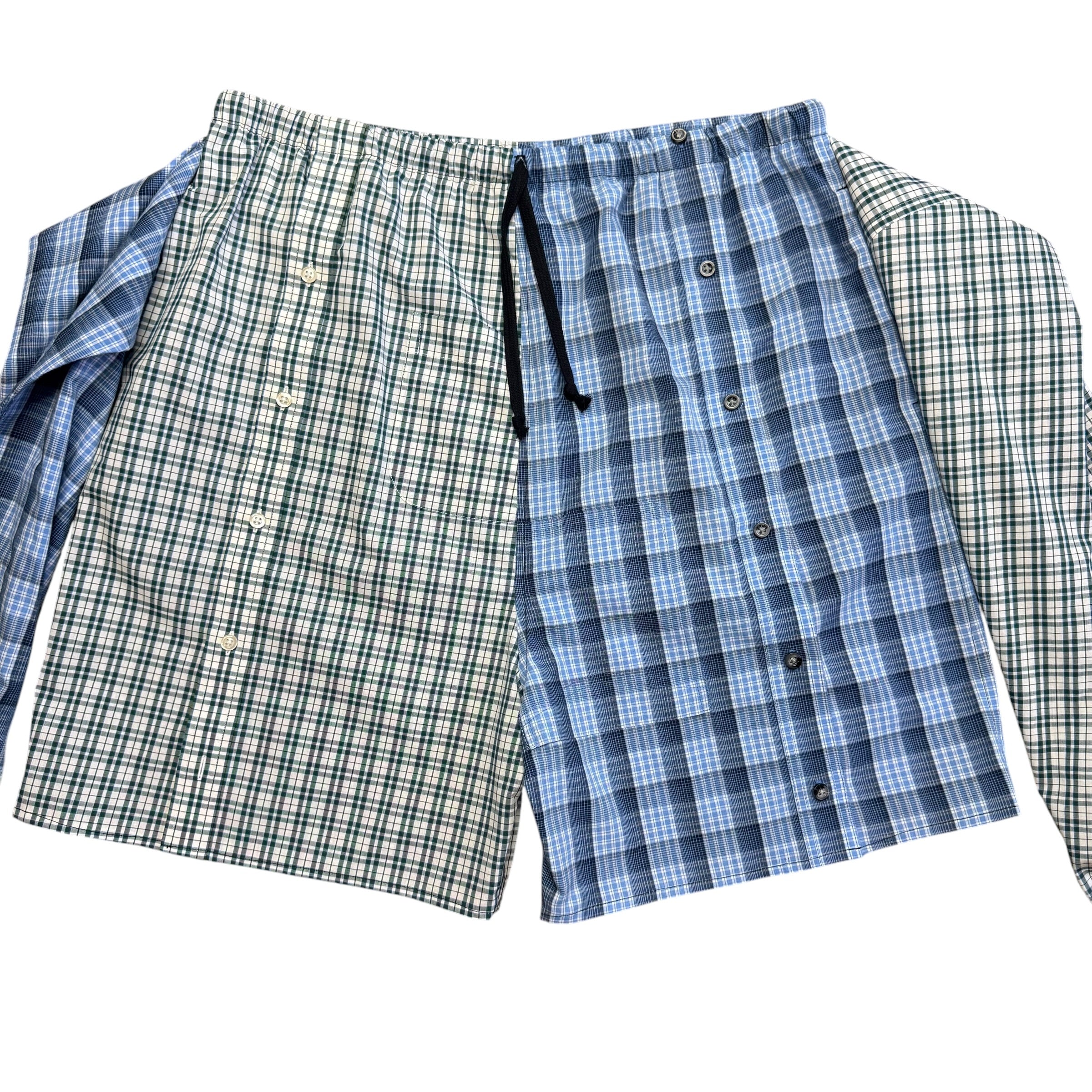 Blue Plaid Button Up Shorts. O/S