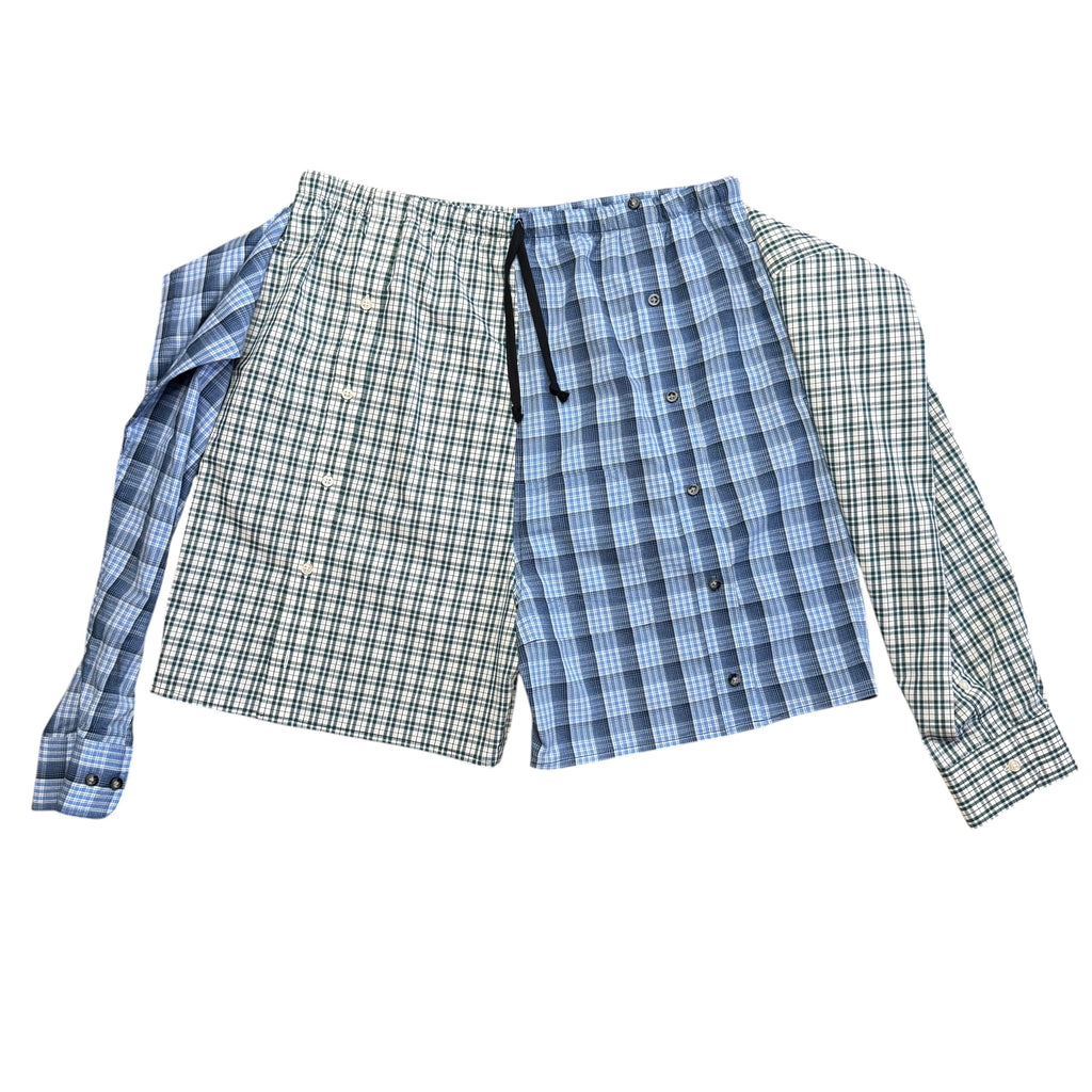 Blue Plaid Button Up Shorts. O/S